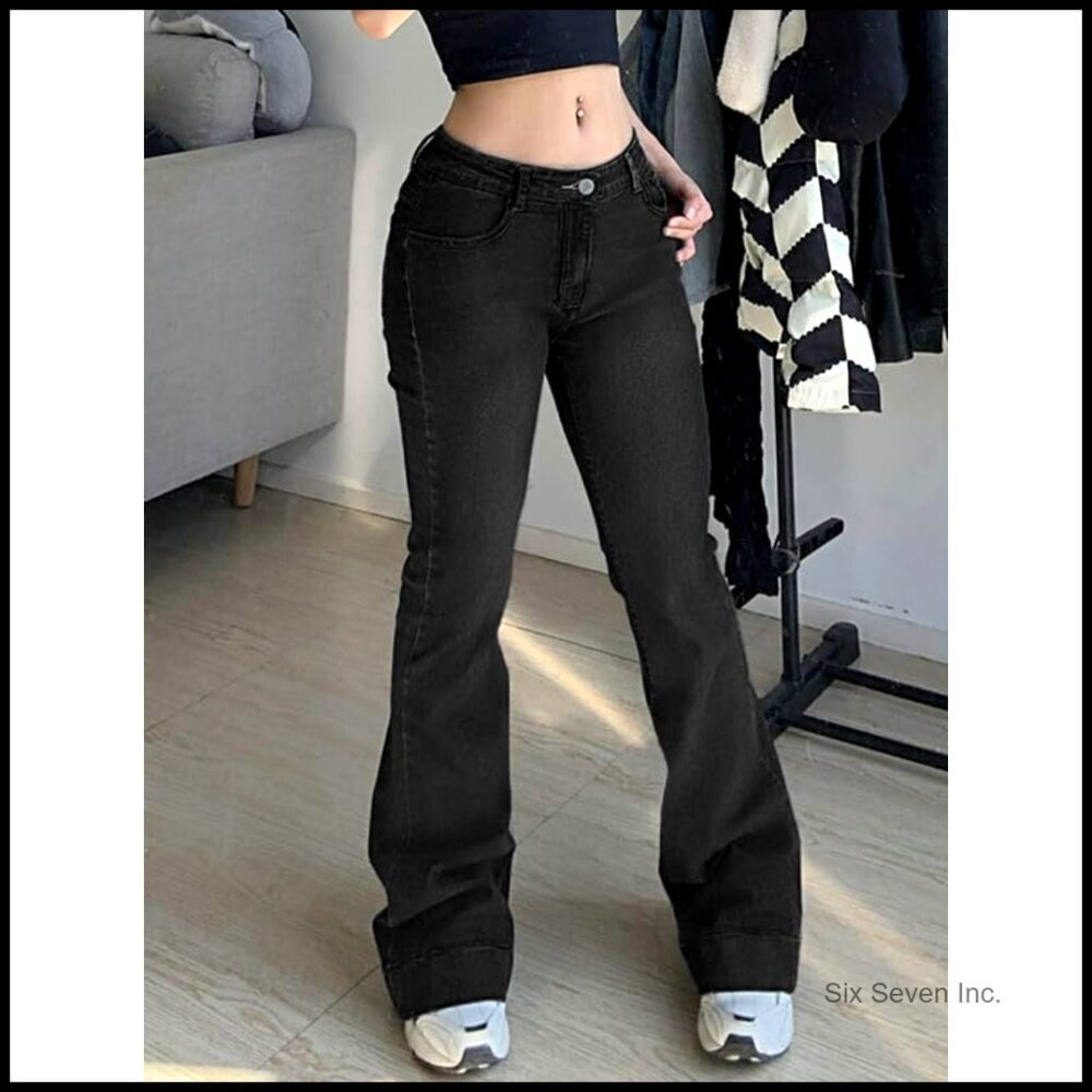 Stretchy Bell Bottom Jeans Mid-Low Rise Skinny Fit Y2K Retro Flare Pants - Picture 2 of 7